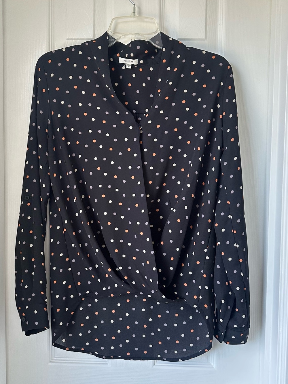 Pleione Black V-Neck Polka Dot Blouse with Pink and White Dots